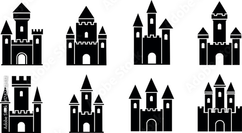 Medieval castle silhouettes set with towers turrets and gates vector icons for design and decoration