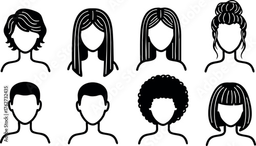 Diverse female and male hairstyles vector icons with various hair textures and styles for design and beauty projects
