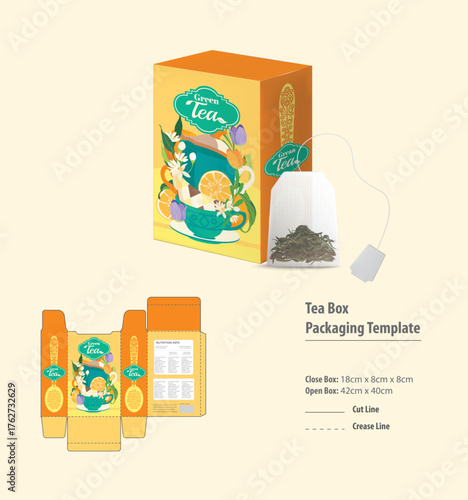 Premium tea box packaging design template featuring elegant layout and vibrant color options for branding