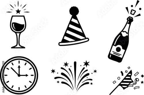 Celebration icons with wine glass clock party hat champagne fireworks and party popper vector illustration