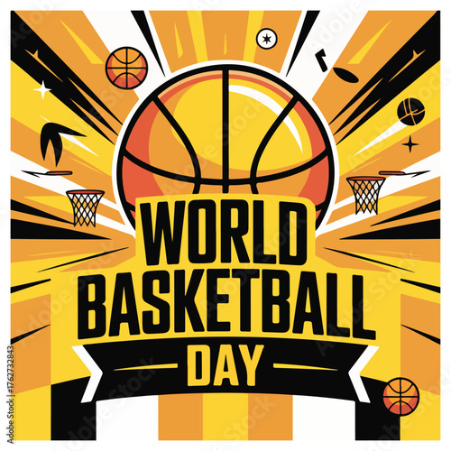 World Basketball Day Celebration with Players, Hoop, and Dynamic Action