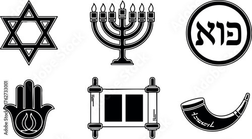 Jewish Symbols Vector Set Including Star of David Menorah Torah Shofar and Hamsa Hand Design