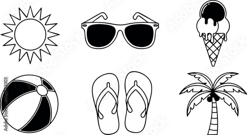 Summer icons set with sun, sunglasses, ice cream, beach ball, flip flops, and palm tree vector illustration for seasonal design