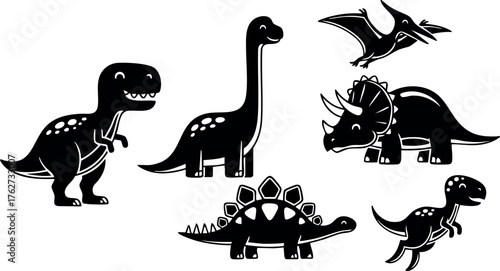Dinosaur silhouettes collection vector of different species including tyrannosaurus brontosaurus triceratops stegosaurus and pterodactyl