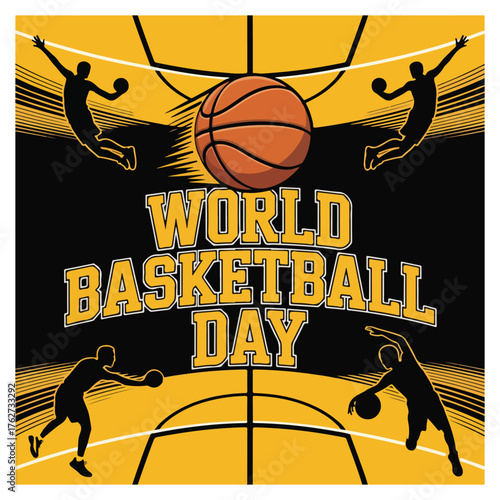 World Basketball Day Celebration with Players, Hoop, and Dynamic Action