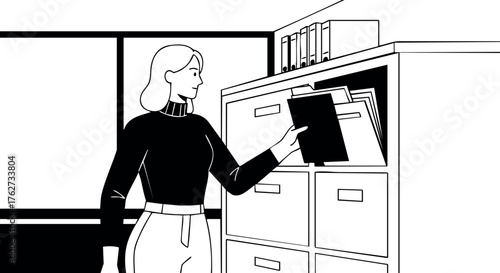 Woman organizing files in office cabinet vector illustration in black and white minimal style