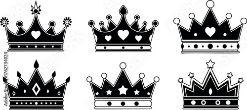 Six Black Silhouette Crowns Vector Collection with Hearts Stars and Geometric Decorations for Royalty Design