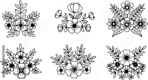Floral decorative vector set with six elegant black and white flower arrangements for design and decoration purposes