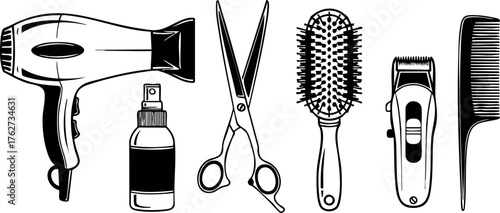 Hairdressing tools set with scissors hairdryer brush spray and comb for salon use vector illustration