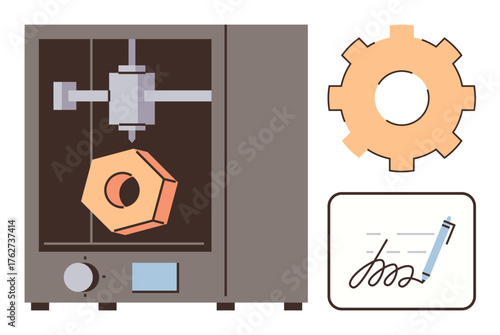 3D printer manufacturing a hexagonal object, large gear cog icon, and signed digital document. Ideal for innovation, technology, design, engineering, manufacturing, education futuristic concepts