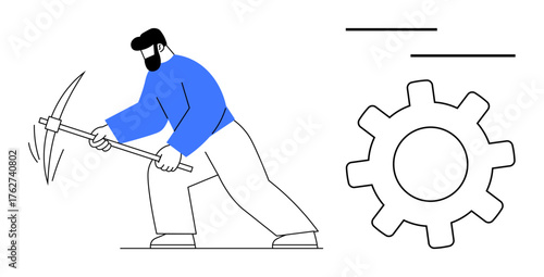 Person in action striking with pickaxe near gear symbol. Ideal for teamwork, labor, industry, productivity, mechanics, effort, and manual work metaphor. Clear and simple flat metaphor