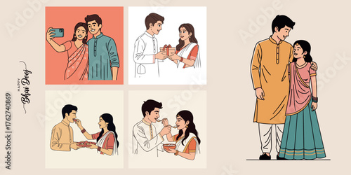 Bhai Dooj illustrations featuring traditional rituals and modern moments. Scenes include siblings taking a selfie, feeding sweets, applying tika, and exchanging gifts.
