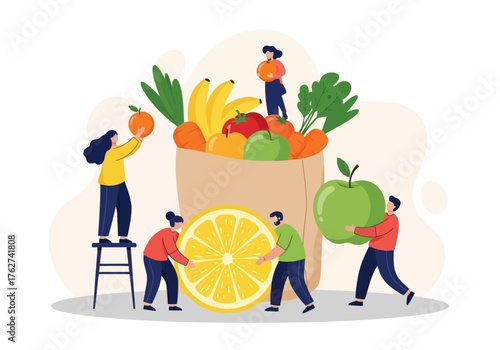 Illustration of tiny people are collecting and arranging a large variety of fresh fruits and vegetables in a bag, symbolizing healthy eating and a balanced diet