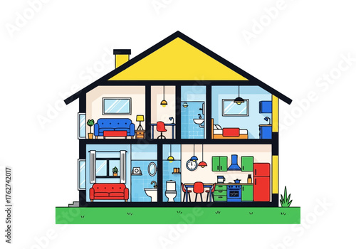 Illustration of cross section of a modern twostory house showing interior rooms, furniture, and appliances