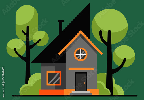 Illustration of a stylized illustration of a modern gray house with an orange trim, surrounded by abstract green trees and bushes on a dark green background, evoking a sense of cozy suburban living