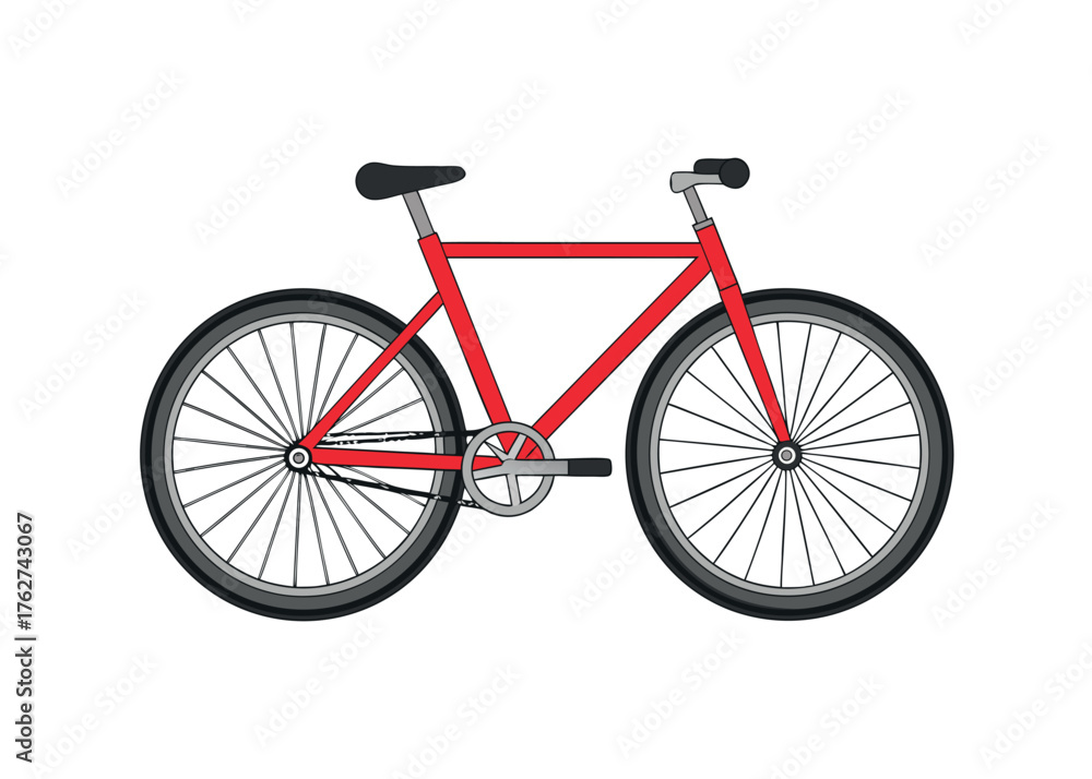 Obraz premium Red sport bicycle isolated on white background with black seat, gear and wheel for transportation or cycling ride illustration