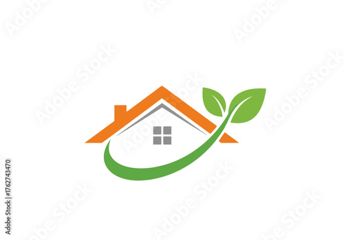 Illustration of ecofriendly house logo with green leaf and swoosh