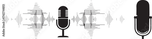 Black Silhouette Microphones with Abstract Sound Waves Graphic Vector Art