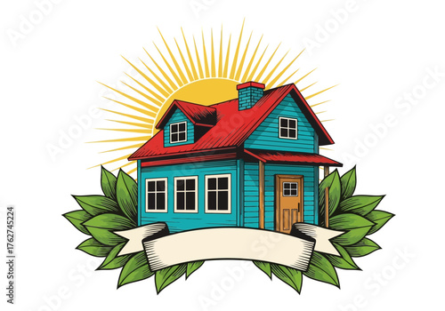 Illustration of a charming teal house with a red roof, surrounded by lush green leaves and a bright sunburst