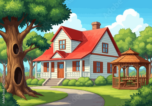 Illustration of charming pixel art illustration of a quaint suburban house with a red roof and a wooden gazebo in a lush green garden on a sunny day