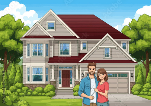 Illustration of a happy couple stands in front of their beautiful new suburban house with a wellmaintained lawn and lush green trees surrounding it