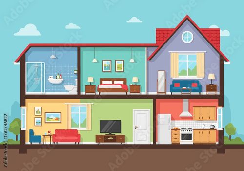 Illustration of cross section of a house showing different room interior design with furniture and decor, illustration