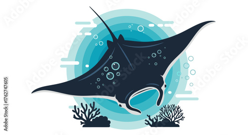 Elegant manta ray gliding effortlessly underwater with vibrant coral reefs in a dynamic aquatic setting, perfect for nature and ocean conservation projects