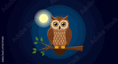 Adorable cartoon owl perched on a branch under the moonlight, perfect for children's books or nature-themed designs, conveying a sense of wonder and tranquility