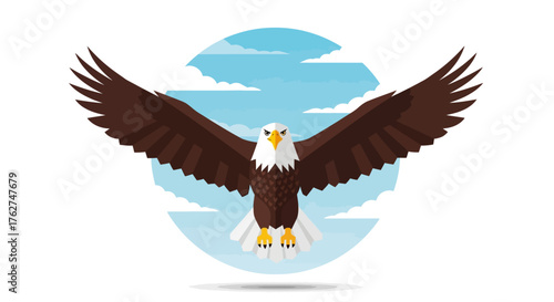 Soaring bald eagle with spread wings against a vibrant sky, symbolizing freedom and power for patriotic projects and designs on Independence Day