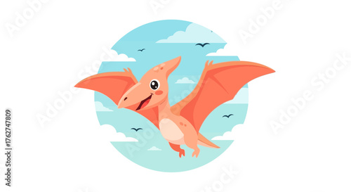 Delightful cartoon pterodactyl soaring through a bright blue sky with fluffy white clouds, perfect for children's books and educational materials