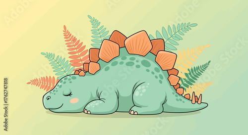 Adorable sleeping baby dinosaur in calming pastel colors with leafy ferns makes the perfect nursery decor or imaginative play backdrop