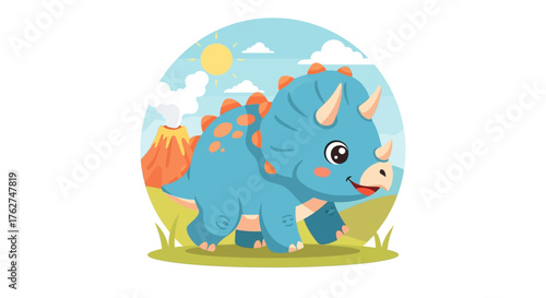 Adorable Triceratops enjoying a sunny day near a volcano, perfect for children's books or educational materials about prehistoric animals and nature