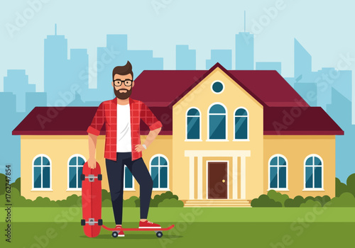 Illustration of young man with beard and glasses wearing a plaid shirt and jeans, holding a skateboard in front of a suburban house
