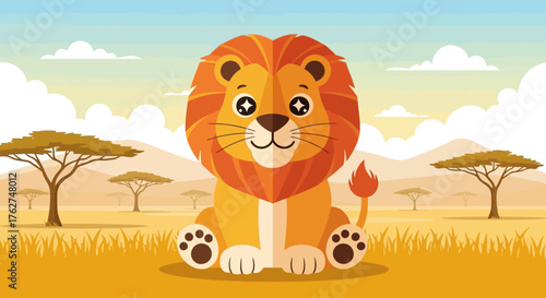 Adorable cartoon lion cub sitting in the savanna under a bright blue sky, perfect for children's books, educational materials and playful designs