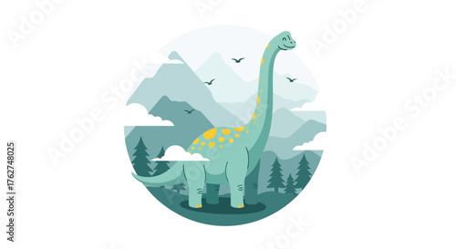 Adorable brontosaurus enjoying a scenic mountain view, perfect for children's books and educational materials about dinosaurs and prehistoric life