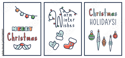 Christmas cards set with wishes. Cozy Xmas flyers decorated festive  snowflakes, gifts, pine trees, glowing lights. Hand drawn Christmas borders for winter holiday, invitations, personal notes. Vector