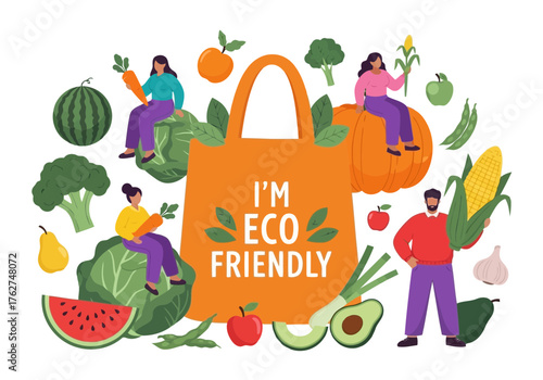 Illustration of eco friendly shopping bag surrounded by fresh organic vegetables and fruits with people enjoying healthy lifestyle