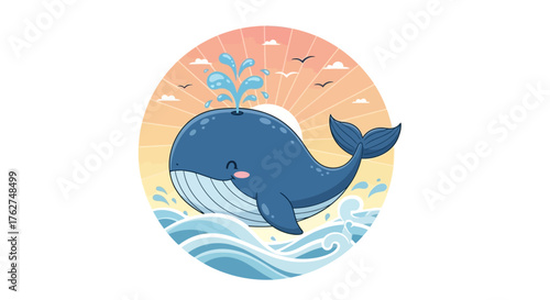 Delightful cartoon whale spouting water under a bright sun, perfect for children's books or ocean-themed projects, conveying joy and playful energy