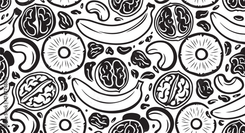 Outline Tropical Fruit and Nut Monochrome Seamless Pattern