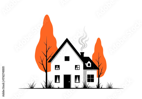 Illustration of stylized illustration of a white house with orange trees and smoke coming from the chimney