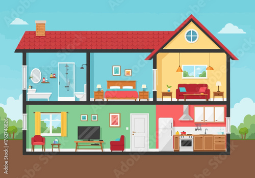 Illustration of cross section of a modern house showing different rooms like bedroom, bathroom, kitchen, and living room with furniture and decor