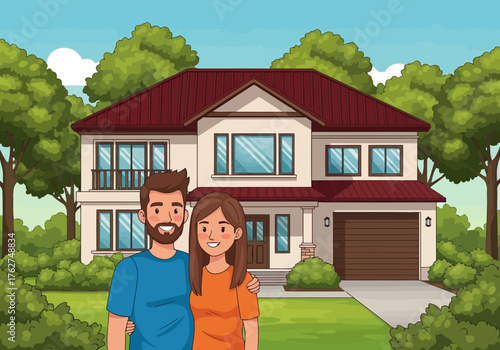 Illustration of a happy couple stands in front of their new dream home, a beautiful twostory house with a wellmaintained lawn and lush green trees surrounding it