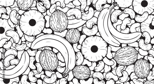 Hand-drawn Outline Tropical Fruit and Nut Seamless Vector Pattern