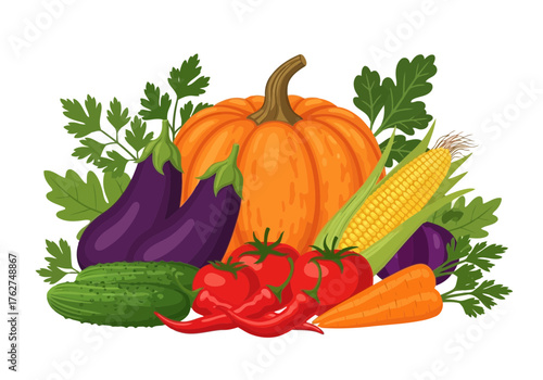 Illustration of a vibrant assortment of fresh vegetables, including a pumpkin, eggplants, corn, tomatoes, chili peppers, cucumber, and carrots, isolated on a
