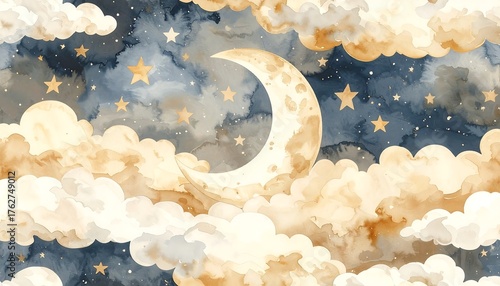 Night sky with clouds and moon. Watercolor style