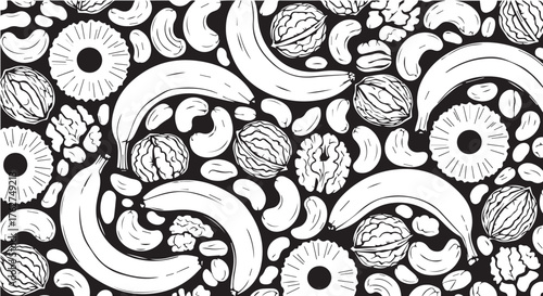 Organic Black and White Hand-drawn Seamless Pattern with Tropical Fruits and Nuts