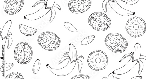 Monochromatic Hand-Drawn Fruit and Nut Seamless Pattern Background Vector Illustration