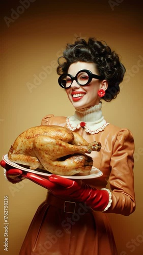 An eccentric woman with glasses presents a holiday turkey.