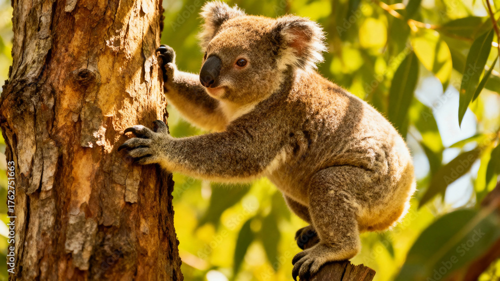 Fototapeta premium Koala climbing a eucalyptus tree in a natural forest setting