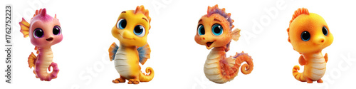 Adorable cartoon seahorse characters bring a touch of playful charm, perfect for children's illustrations, educational materials, and whimsical designs, a colorful marine life collection